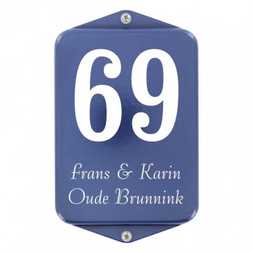 Emaille naambord 12 x 20 cm blauw-wit met oor