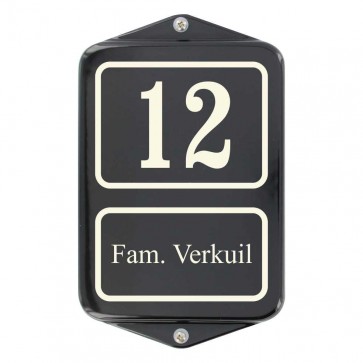 Emaille naambord 12 x 20 cm zwart-ivoor met oor