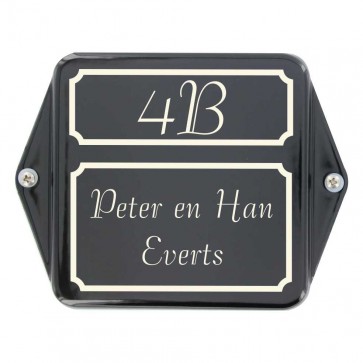 Emaille naambord 15 x 12 cm zwart-ivoor met oor