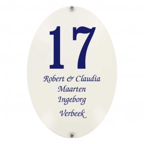 Emaille naambord ovaal 11 x 16 cm ivoor-blauw gebold