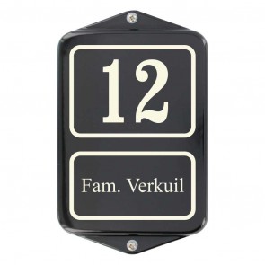 Emaille naambord 12 x 20 cm zwart-ivoor met oor