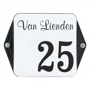 Emaille naambord 15 x 12 cm wit-zwart met oor